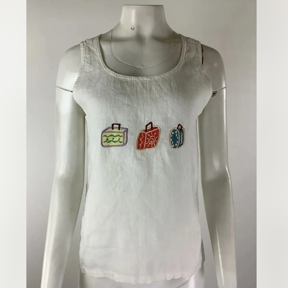 Vintage 90s Liz & Jane Sz M 100% Linen Boxy Embroidered Tank Top White Pullon - Picture 1 of 7